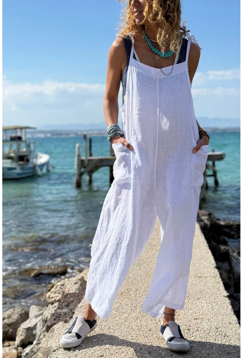 İtalyan Beyaz Omuzdan Bağlamalı Askılı Cepli Bol Paça Keten Salaş Dokuma Tulum 110 50