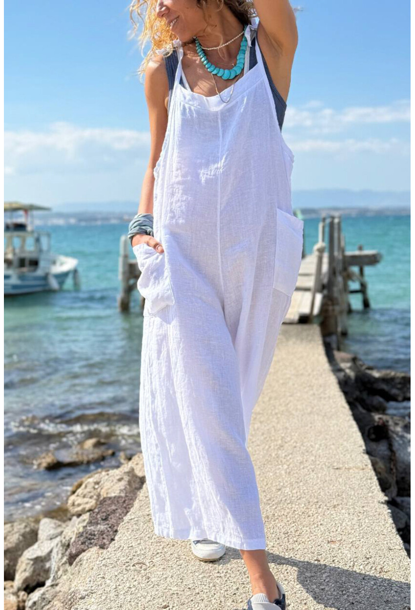 İtalyan Beyaz Omuzdan Bağlamalı Askılı Cepli Bol Paça Keten Salaş Dokuma Tulum 110 50