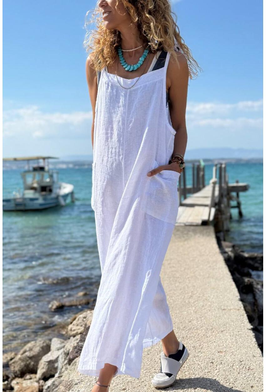 İtalyan Beyaz Omuzdan Bağlamalı Askılı Cepli Bol Paça Keten Salaş Dokuma Tulum 110 50