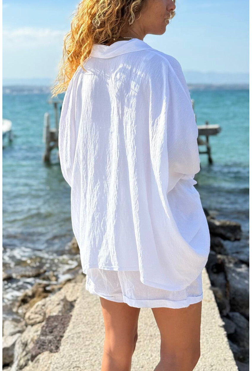 İtalyan Beyaz Yarasa Kol Düğmeli Yumuşak Dokulu Salaş Dokuma Gömlek 65 70