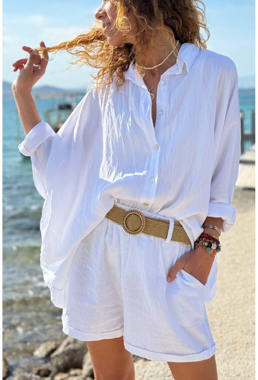 İtalyan Beyaz Yarasa Kol Düğmeli Yumuşak Dokulu Salaş Dokuma Gömlek 65 70