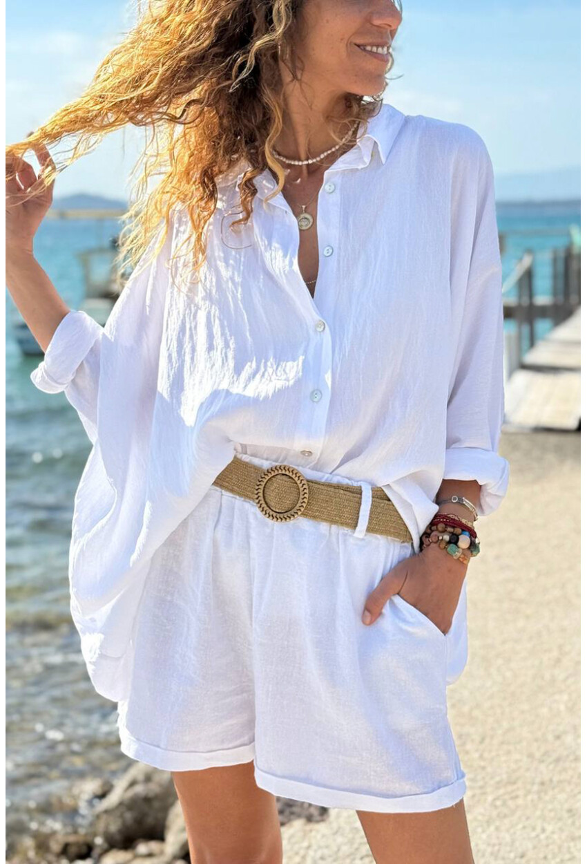 İtalyan Beyaz Yarasa Kol Düğmeli Yumuşak Dokulu Salaş Dokuma Gömlek 65 70