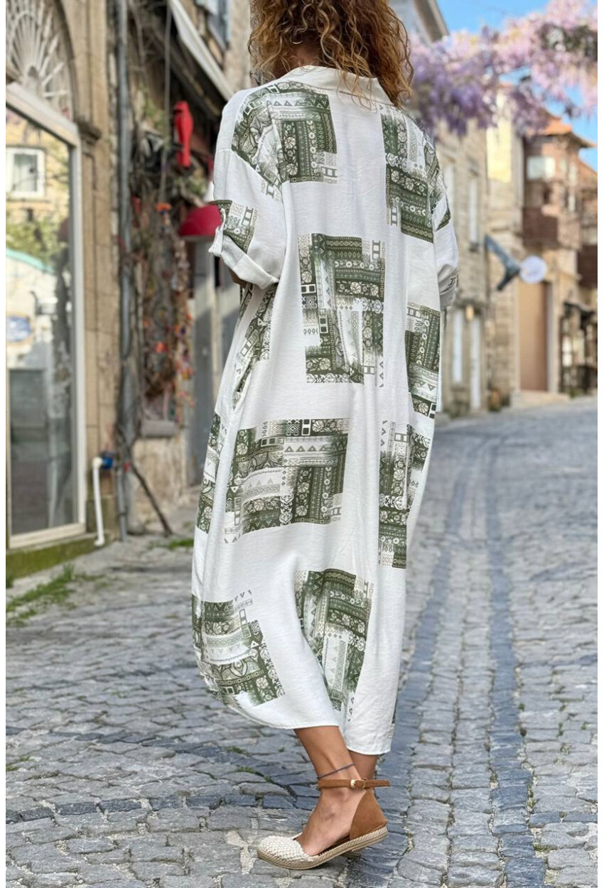 İtalyan Beyaz-Yeşil Etnik Desenli Cepli Yırtmaçlı Pamuklu Salaş Dokuma Elbise 120 65