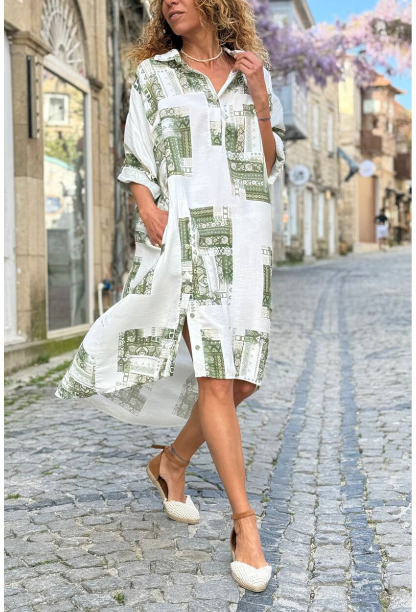 İtalyan Beyaz-Yeşil Etnik Desenli Cepli Yırtmaçlı Pamuklu Salaş Dokuma Elbise 120 65
