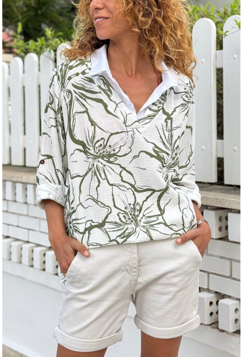 İtalyan Beyaz-Yeşil Gömlek Yaka Çiçekli Müslin Salaş Dokuma Bluz 70 60