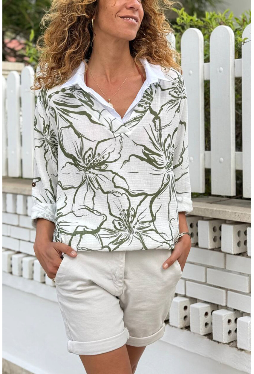 İtalyan Beyaz-Yeşil Gömlek Yaka Çiçekli Müslin Salaş Dokuma Bluz 70 60