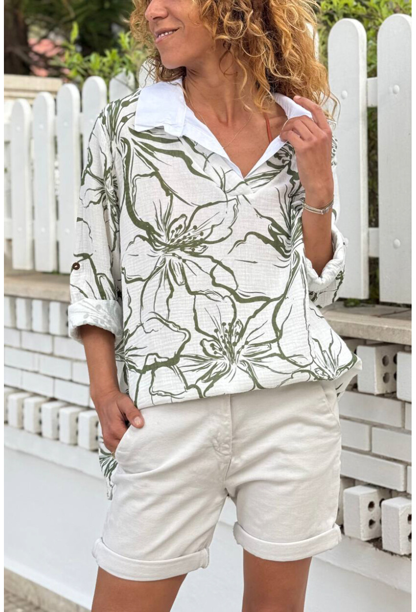 İtalyan Beyaz-Yeşil Gömlek Yaka Çiçekli Müslin Salaş Dokuma Bluz 70 60