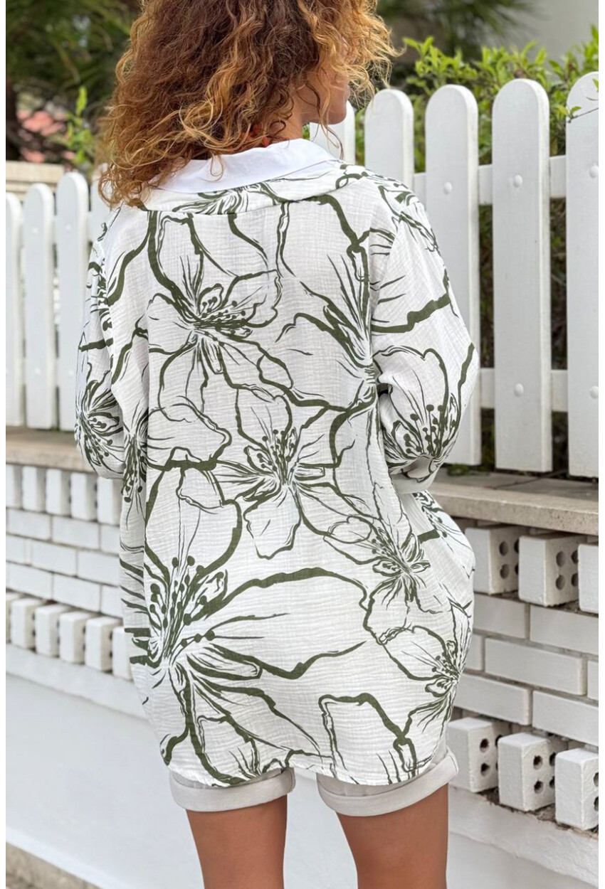 İtalyan Beyaz-Yeşil Gömlek Yaka Çiçekli Müslin Salaş Dokuma Bluz 70 60