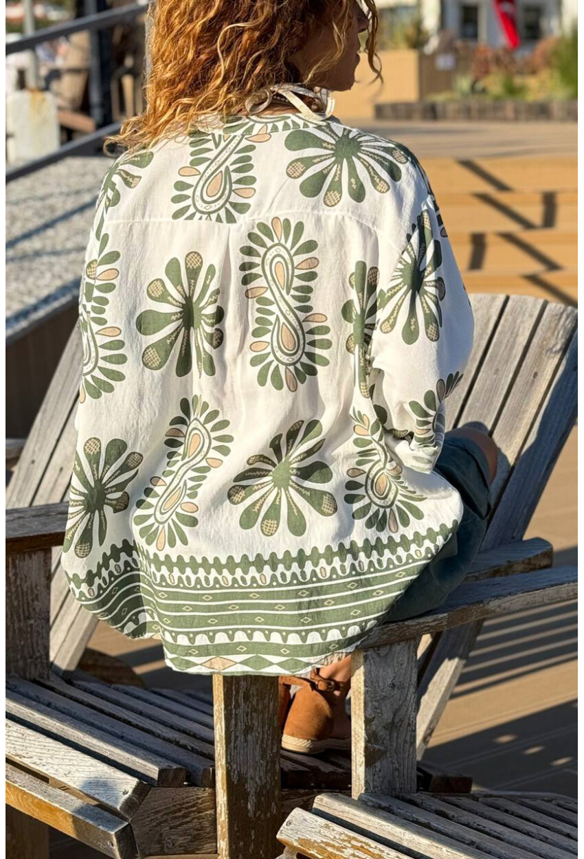 İtalyan Beyaz-Yeşil Hakim Yaka Etnik Desenli Pamuklu Salaş Dokuma Bluz 70 60
