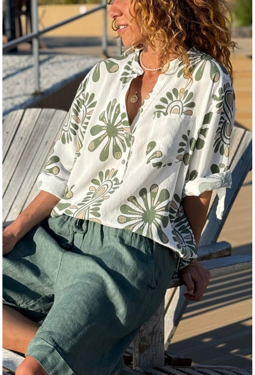 İtalyan Beyaz-Yeşil Hakim Yaka Etnik Desenli Pamuklu Salaş Dokuma Bluz 70 60