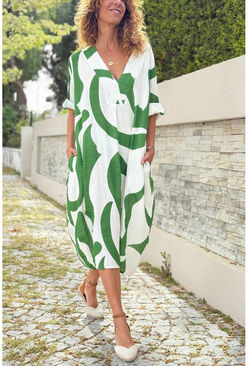 İtalyan Beyaz-Yeşil V Yaka Geometrik Desenli Cepli Müslin Salaş Dokuma Elbise 110 65