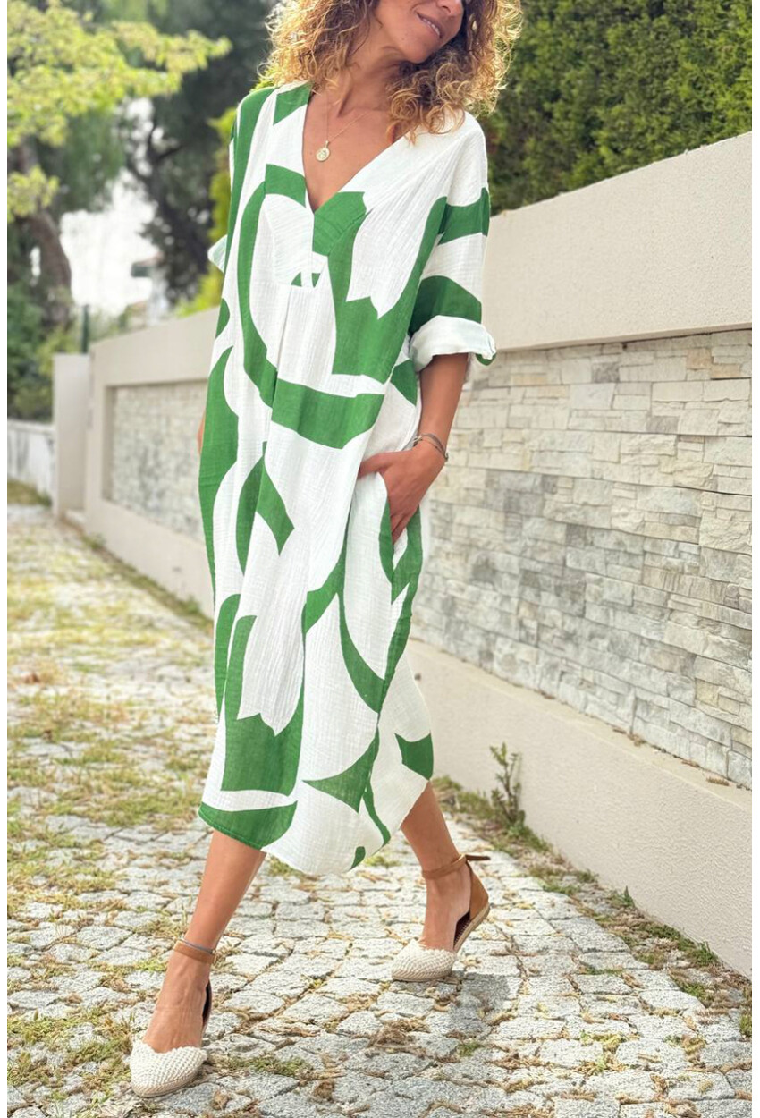 İtalyan Beyaz-Yeşil V Yaka Geometrik Desenli Cepli Müslin Salaş Dokuma Elbise 110 65