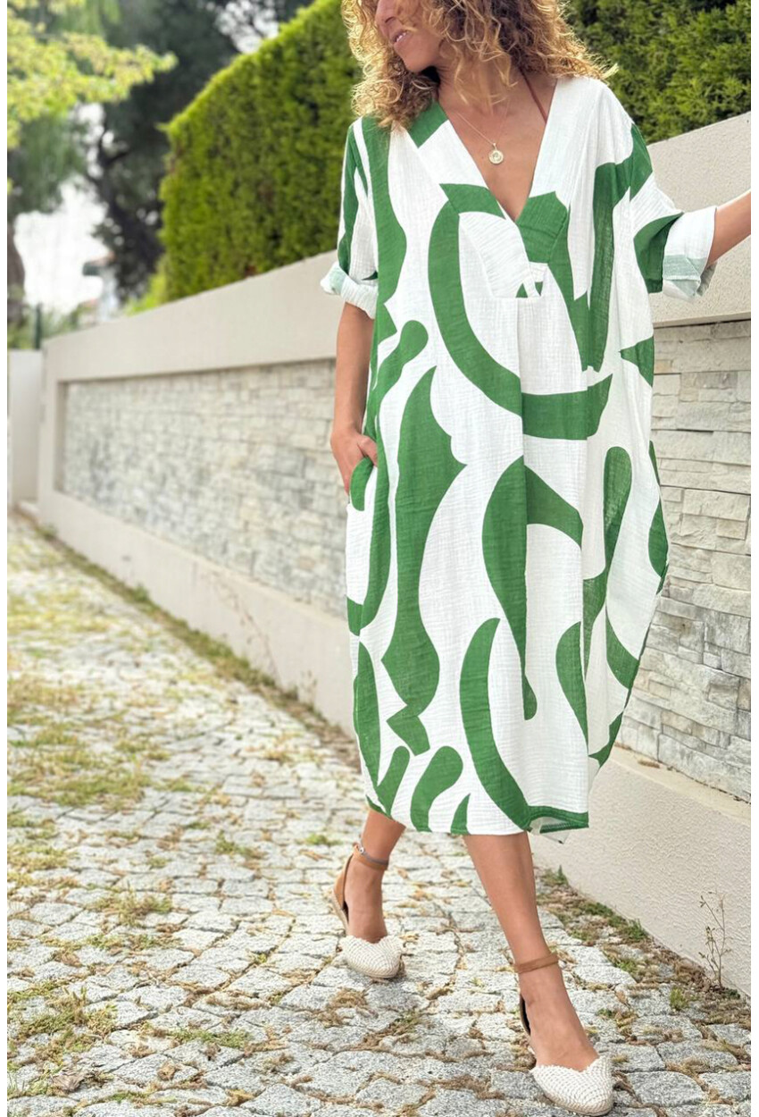 İtalyan Beyaz-Yeşil V Yaka Geometrik Desenli Cepli Müslin Salaş Dokuma Elbise 110 65
