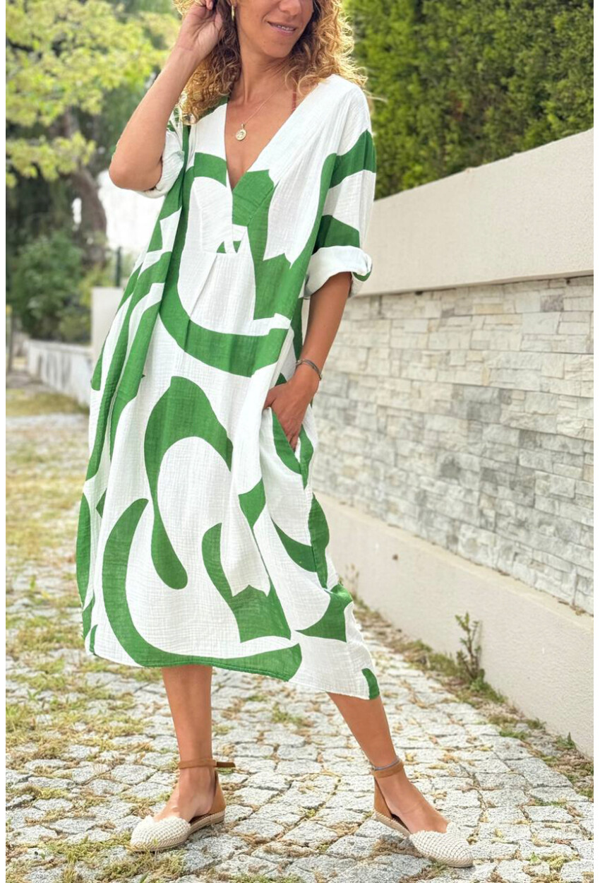 İtalyan Beyaz-Yeşil V Yaka Geometrik Desenli Cepli Müslin Salaş Dokuma Elbise 110 65