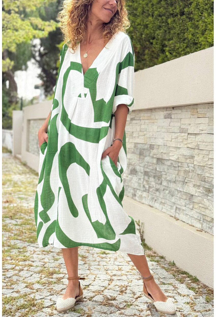 İtalyan Beyaz-Yeşil V Yaka Geometrik Desenli Cepli Müslin Salaş Dokuma Elbise 110 65