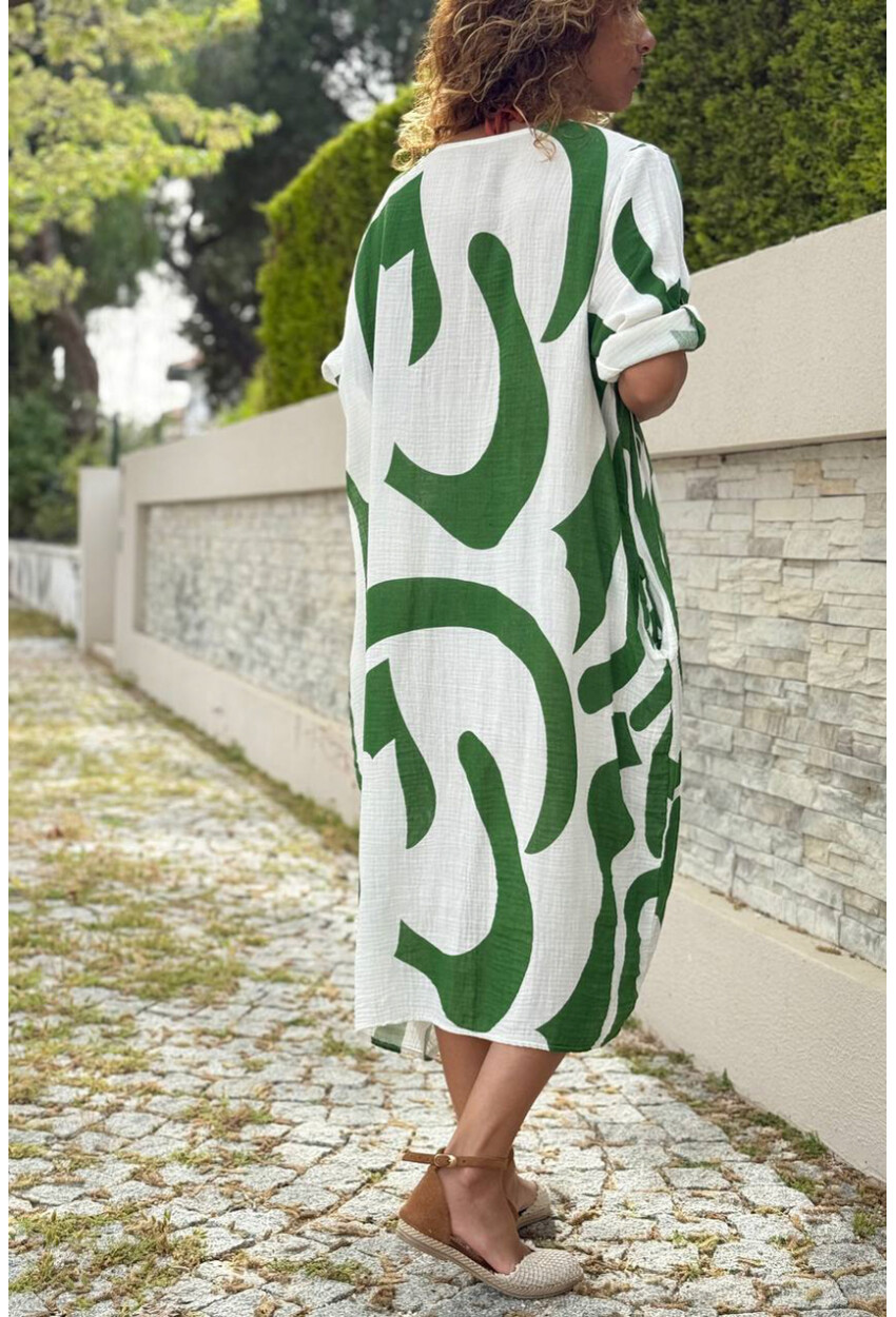 İtalyan Beyaz-Yeşil V Yaka Geometrik Desenli Cepli Müslin Salaş Dokuma Elbise 110 65