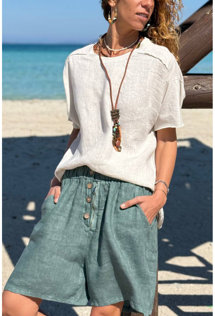 İtalyan Ekru Bisiklet Yaka Yıkamalı Örme Garnili Keten Karışımlı Salaş Dokuma Bluz 65 50