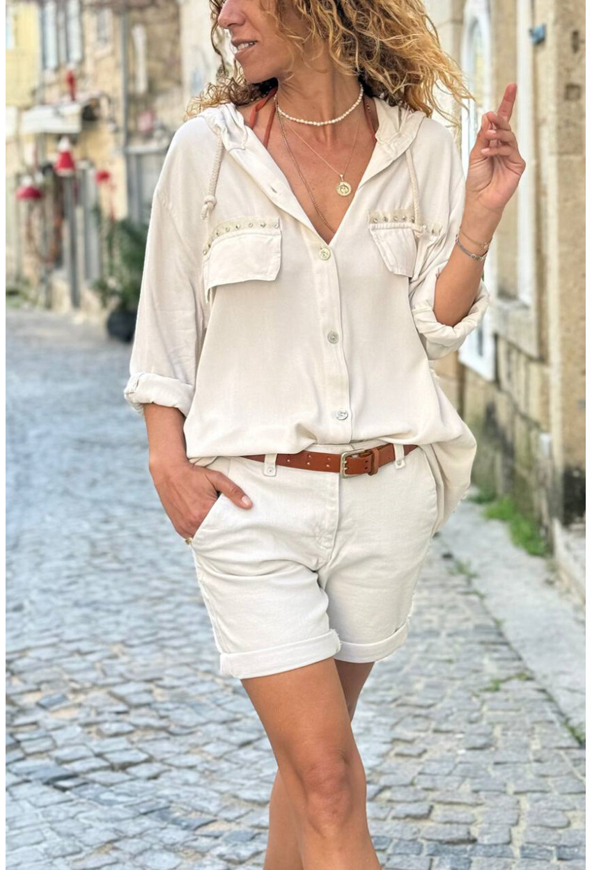 İtalyan Ekru Kapüşonlu Yıkamalı Zımbalı Cepli Pamuklu Salaş Dokuma Gömlek 75 55