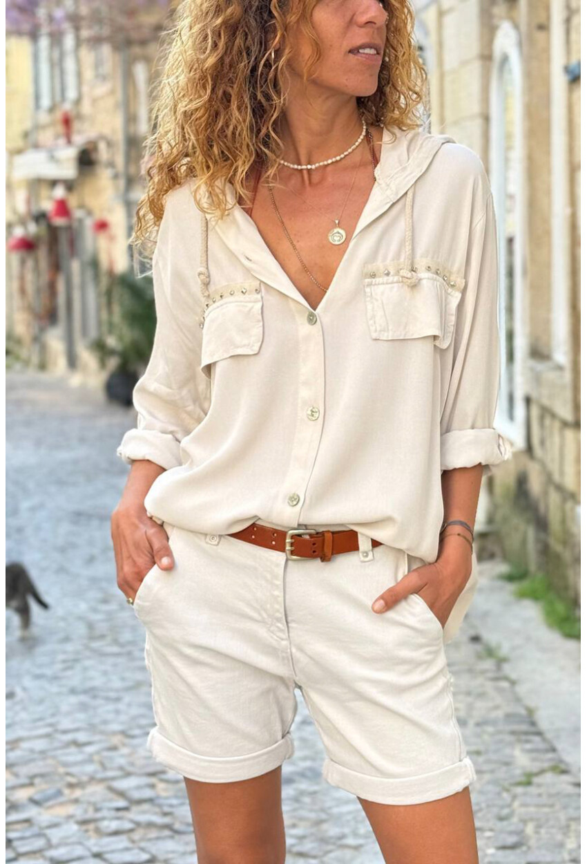 İtalyan Ekru Kapüşonlu Yıkamalı Zımbalı Cepli Pamuklu Salaş Dokuma Gömlek 75 55