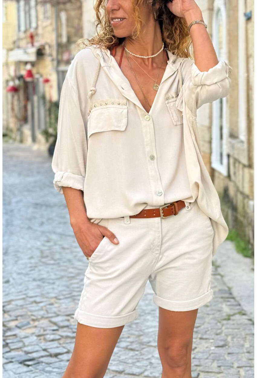 İtalyan Ekru Kapüşonlu Yıkamalı Zımbalı Cepli Pamuklu Salaş Dokuma Gömlek 75 55