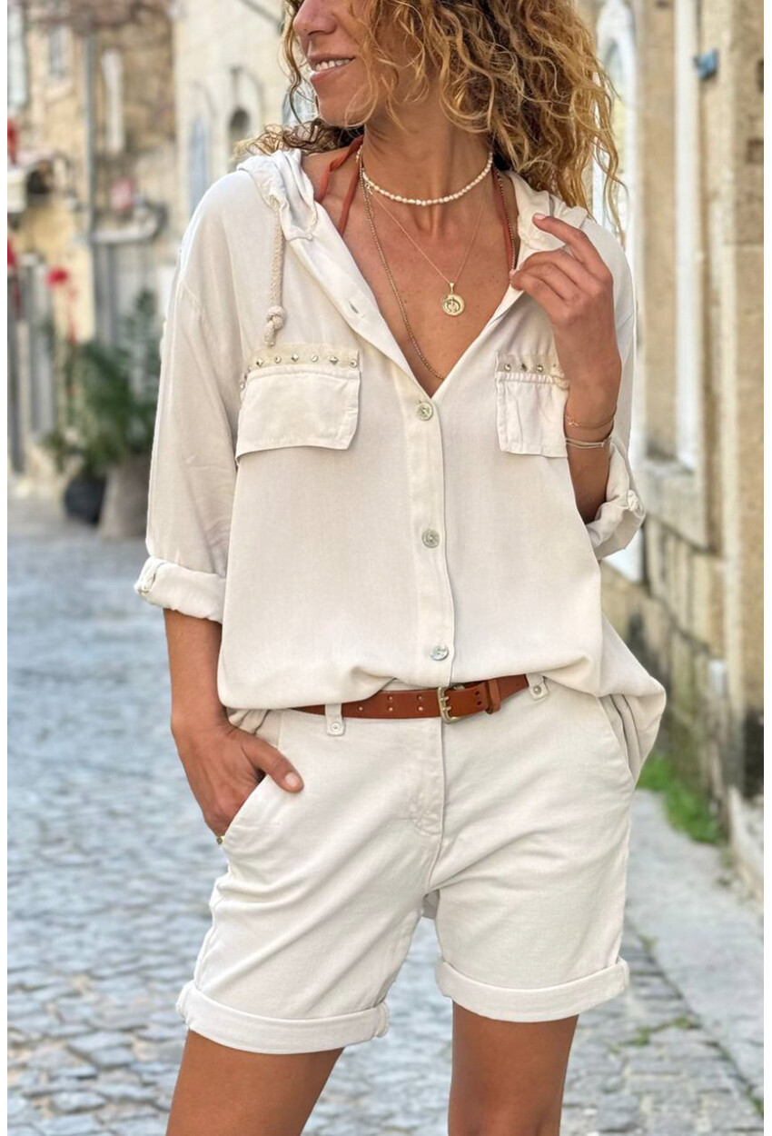 İtalyan Ekru Kapüşonlu Yıkamalı Zımbalı Cepli Pamuklu Salaş Dokuma Gömlek 75 55