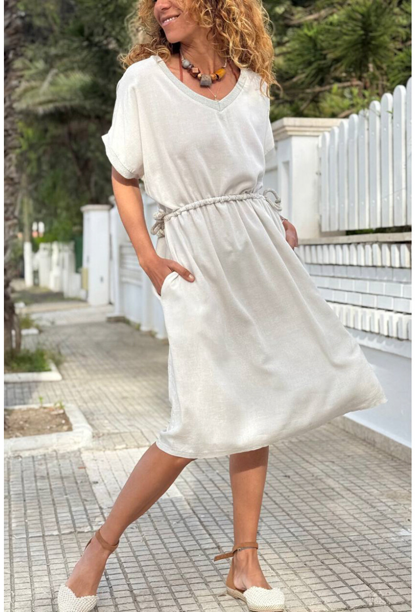 İtalyan Ekru V Yaka Cepli Sim Garnili Lastikli Bel Salaş Dokuma Elbise 100 50