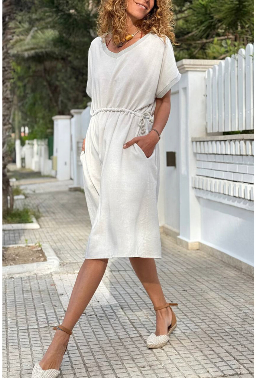 İtalyan Ekru V Yaka Cepli Sim Garnili Lastikli Bel Salaş Dokuma Elbise 100 50