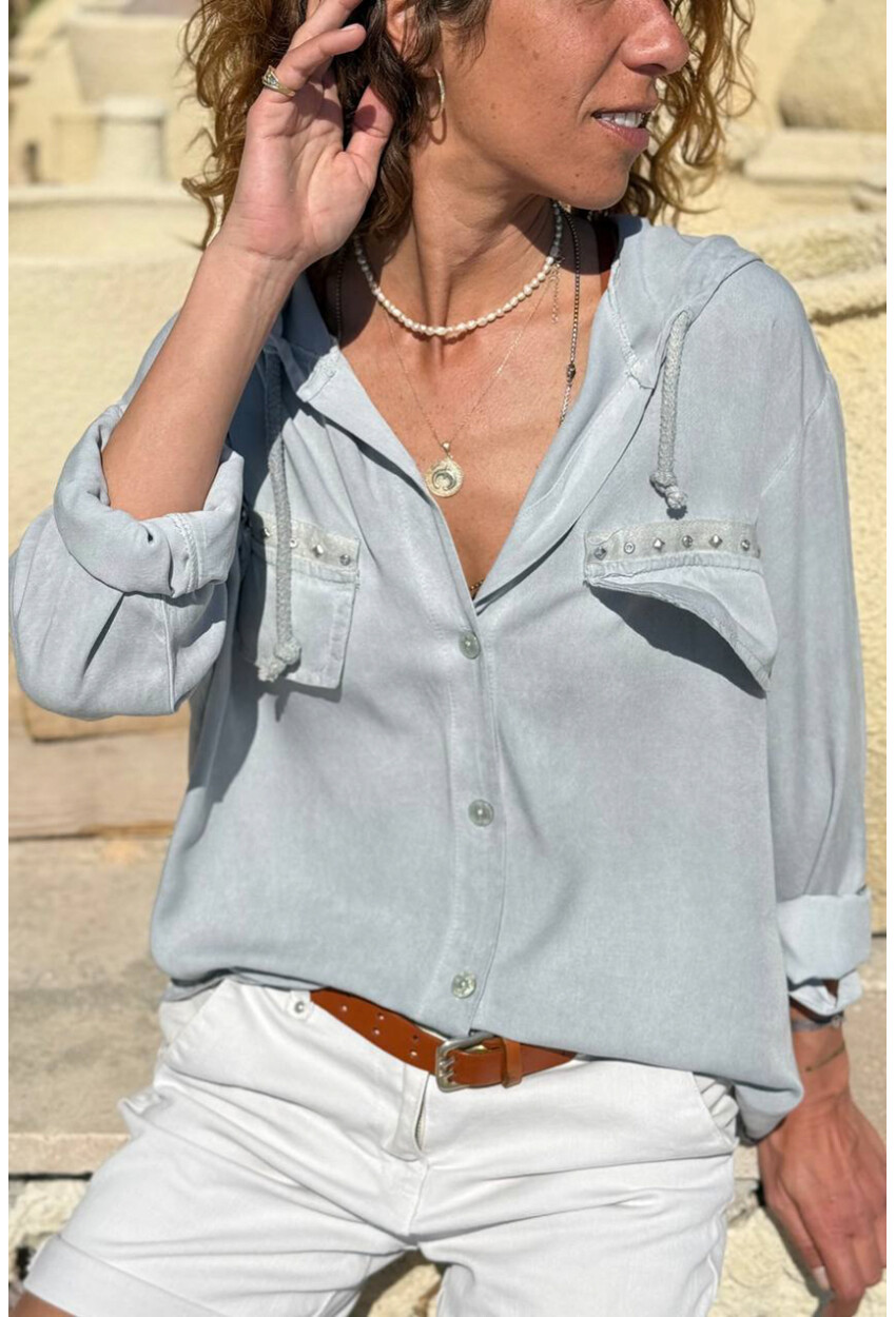 İtalyan Gri Kapüşonlu Yıkamalı Zımbalı Cepli Pamuklu Salaş Dokuma Gömlek 75 55