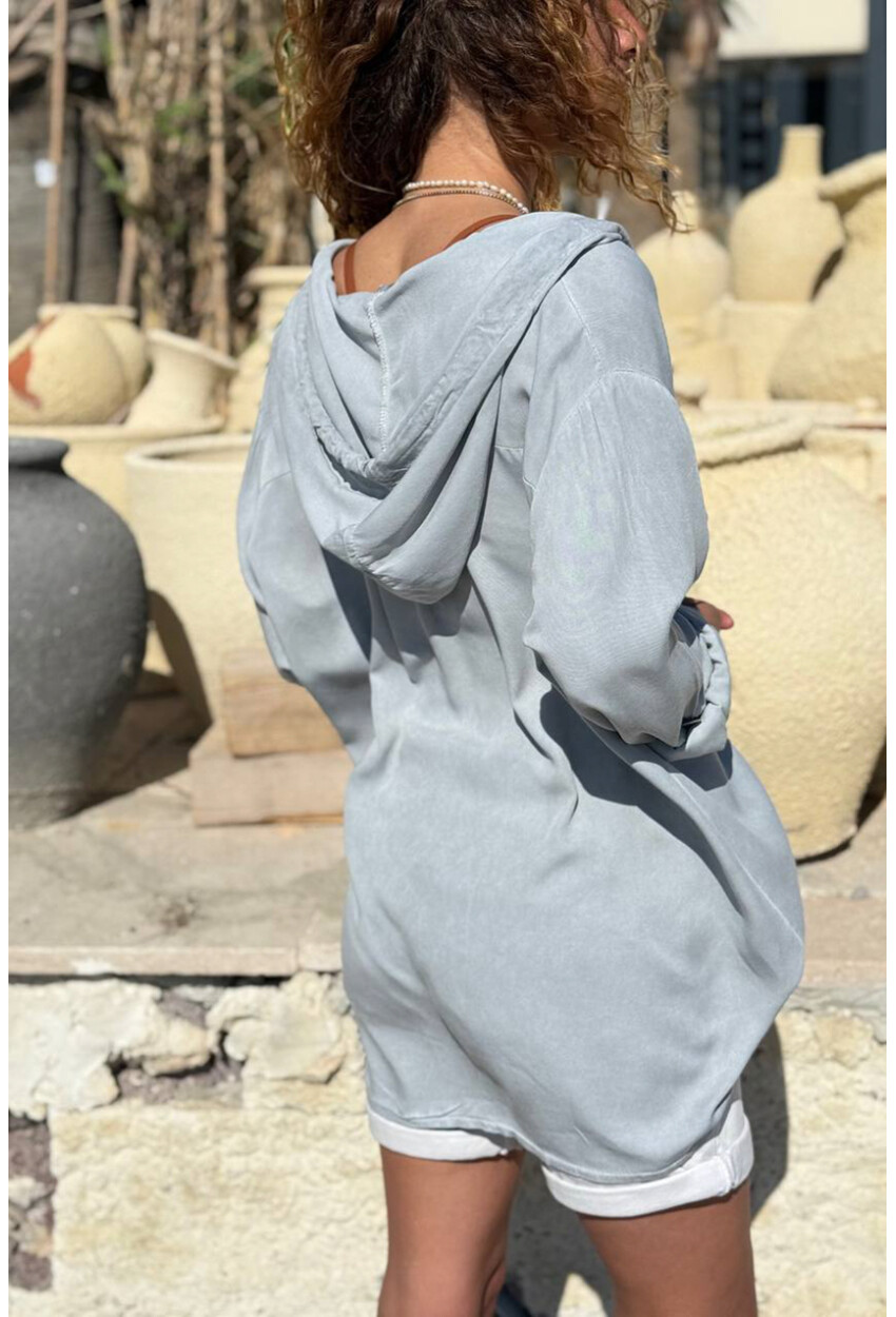 İtalyan Gri Kapüşonlu Yıkamalı Zımbalı Cepli Pamuklu Salaş Dokuma Gömlek 75 55