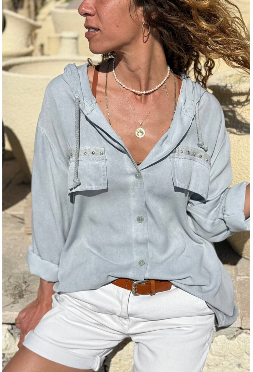 İtalyan Gri Kapüşonlu Yıkamalı Zımbalı Cepli Pamuklu Salaş Dokuma Gömlek 75 55