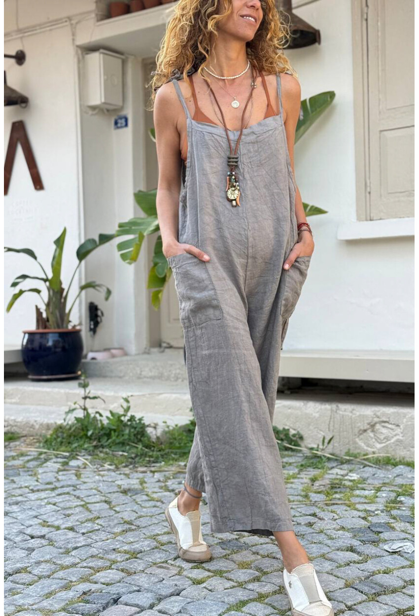 İtalyan Gri Omuzdan Bağlamalı Askılı Cepli Bol Paça Keten Salaş Dokuma Tulum 110 50