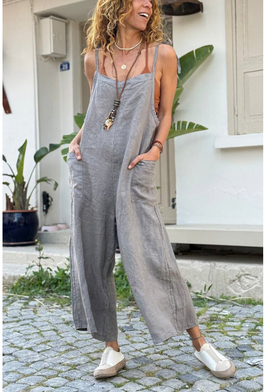 İtalyan Gri Omuzdan Bağlamalı Askılı Cepli Bol Paça Keten Salaş Dokuma Tulum 110 50