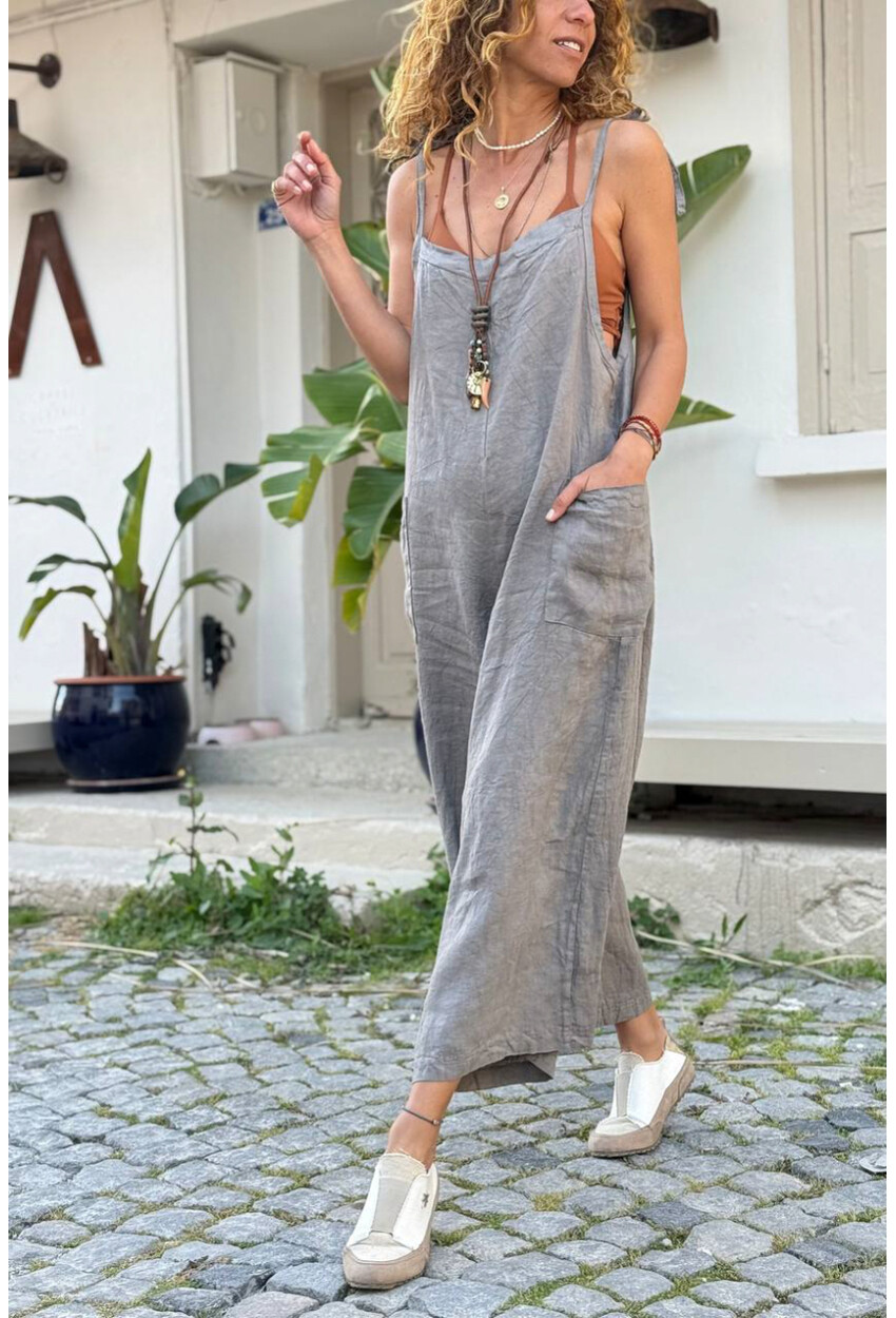 İtalyan Gri Omuzdan Bağlamalı Askılı Cepli Bol Paça Keten Salaş Dokuma Tulum 110 50