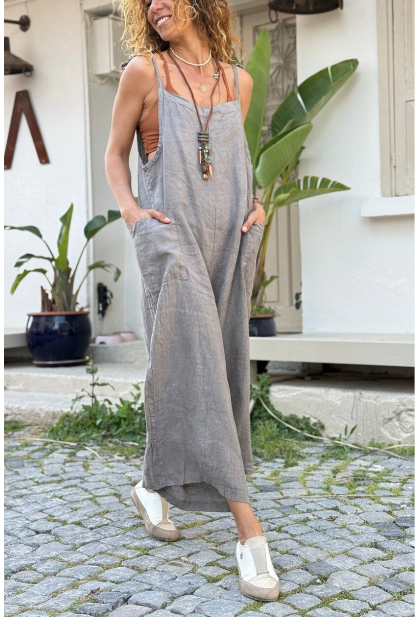 İtalyan Gri Omuzdan Bağlamalı Askılı Cepli Bol Paça Keten Salaş Dokuma Tulum 110 50