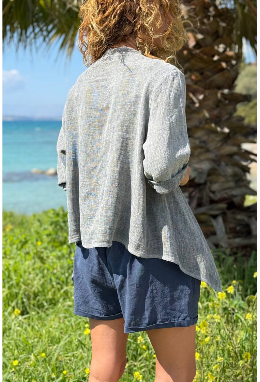 İtalyan Gri Şal Yaka Duble Kol Dokulu Asimetrik Salaş Dokuma Hırka 70 50