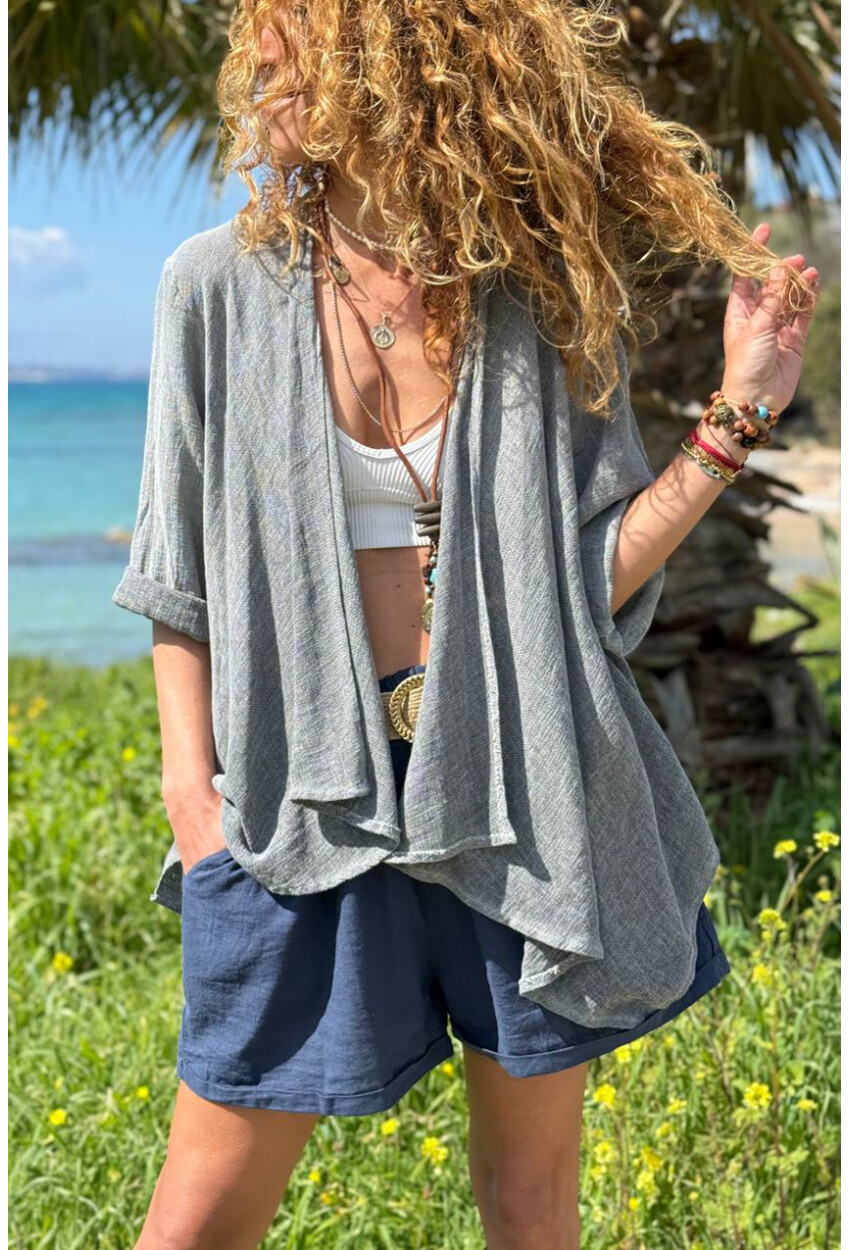 İtalyan Gri Şal Yaka Duble Kol Dokulu Asimetrik Salaş Dokuma Hırka 70 50