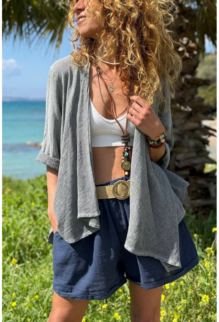 İtalyan Gri Şal Yaka Duble Kol Dokulu Asimetrik Salaş Dokuma Hırka 70 50