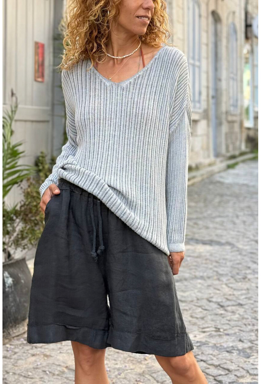 İtalyan Gri V Yaka Ajurlu Pamuklu Salaş Dokuma Bluz 65 55