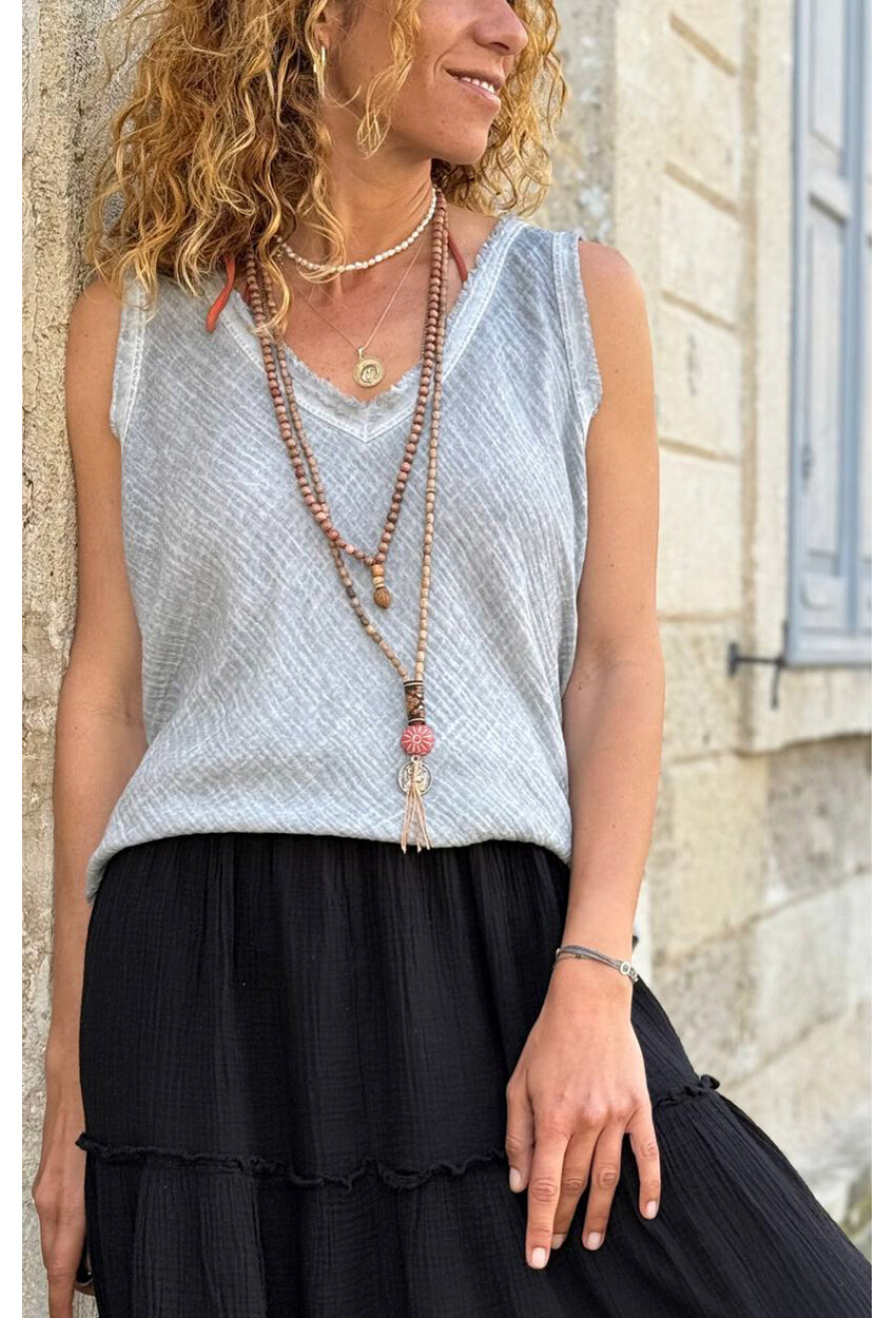 İtalyan Gri V Yaka Yıkamalı Pis Dikişli Pamuklu Salaş Dokuma Bluz 70 50