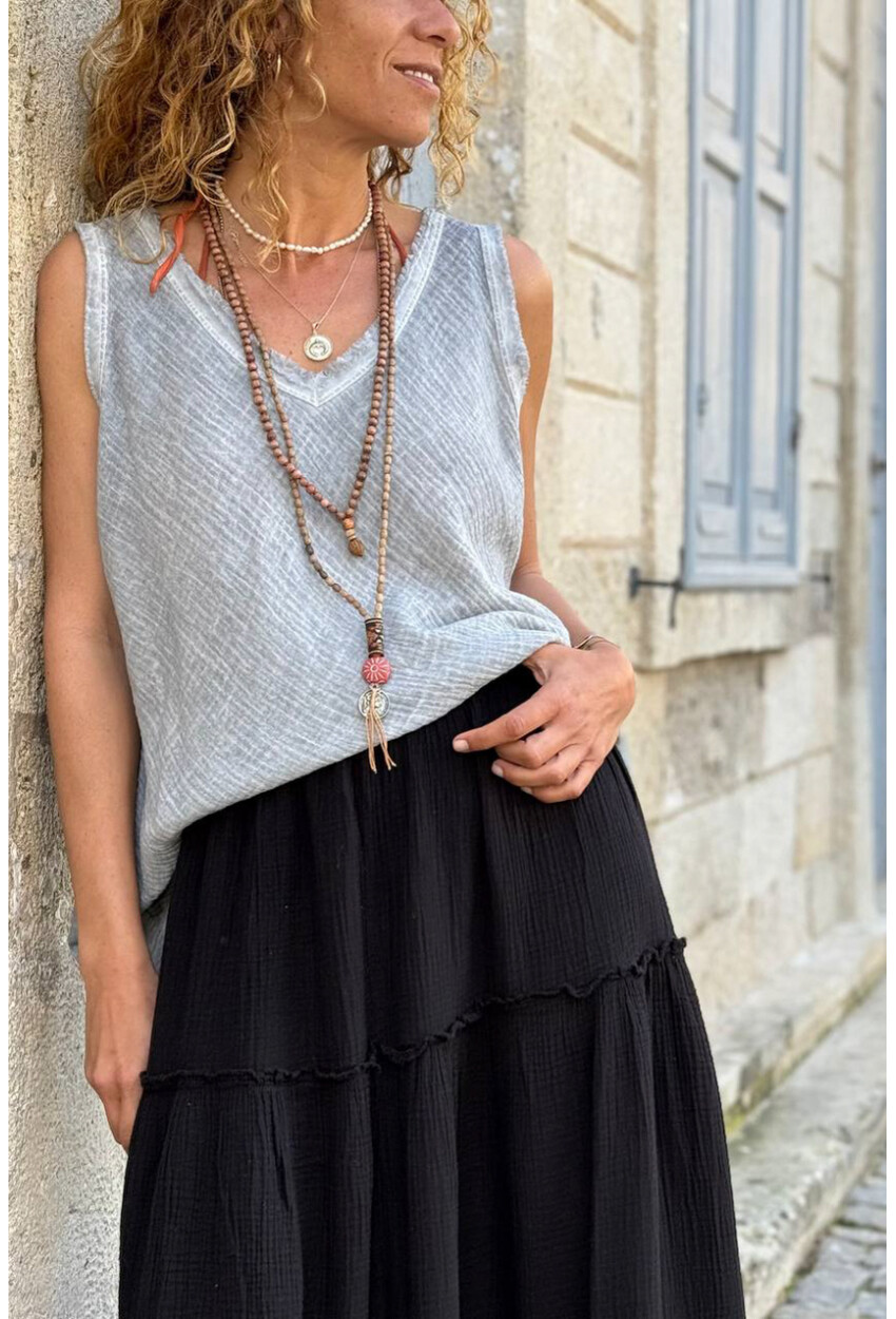 İtalyan Gri V Yaka Yıkamalı Pis Dikişli Pamuklu Salaş Dokuma Bluz 70 50