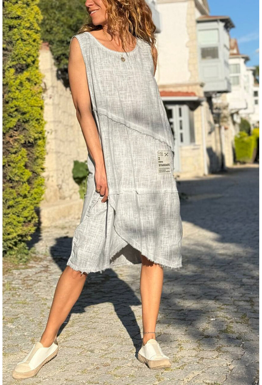 İtalyan Gri Yıkamalı Pis Dikişli Asimetrik Pamuklu Salaş Dokuma Elbise 100 60