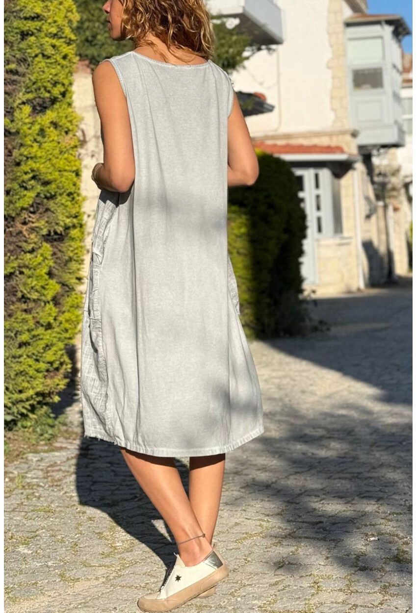 İtalyan Gri Yıkamalı Pis Dikişli Asimetrik Pamuklu Salaş Dokuma Elbise 100 60