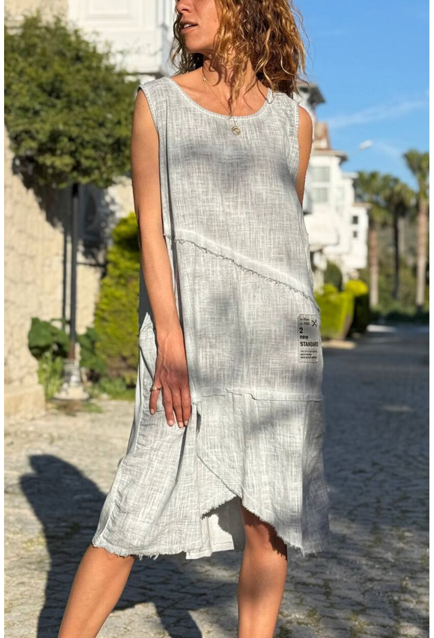 İtalyan Gri Yıkamalı Pis Dikişli Asimetrik Pamuklu Salaş Dokuma Elbise 100 60