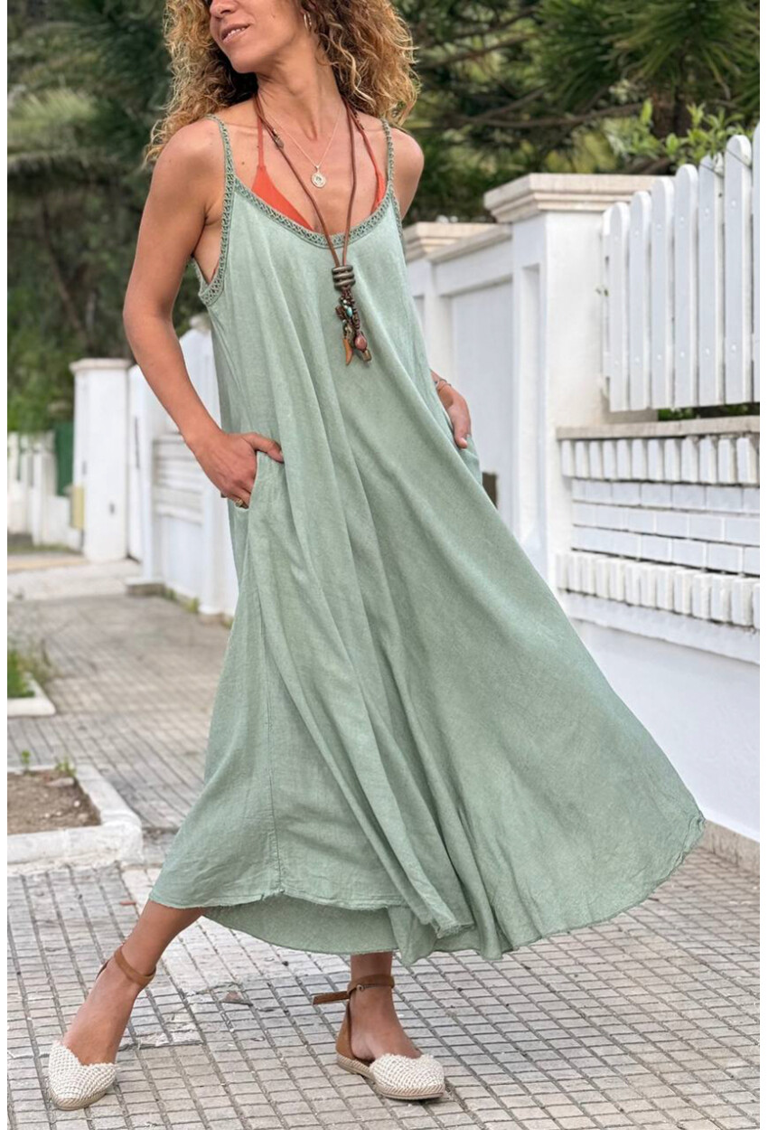 İtalyan Haki Askılı Cepli Keten A-Form Fit Salaş Dokuma Elbise 95 35