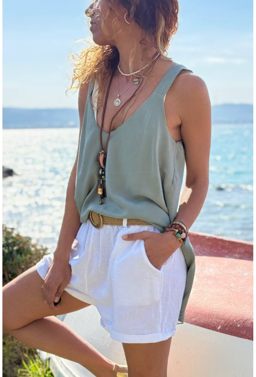 İtalyan Haki Askılı Yumuşak Dokulu A-Form Fit Salaş Dokuma Bluz 65 50