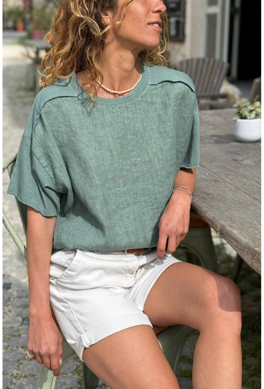 İtalyan Haki Bisiklet Yaka Yıkamalı Örme Garnili Keten Karışımlı Salaş Dokuma Bluz 65 50