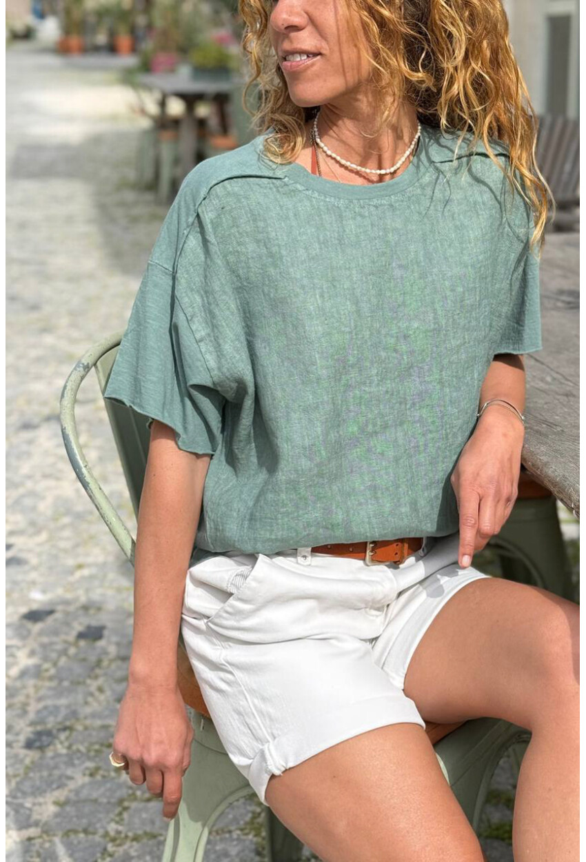 İtalyan Haki Bisiklet Yaka Yıkamalı Örme Garnili Keten Karışımlı Salaş Dokuma Bluz 65 50