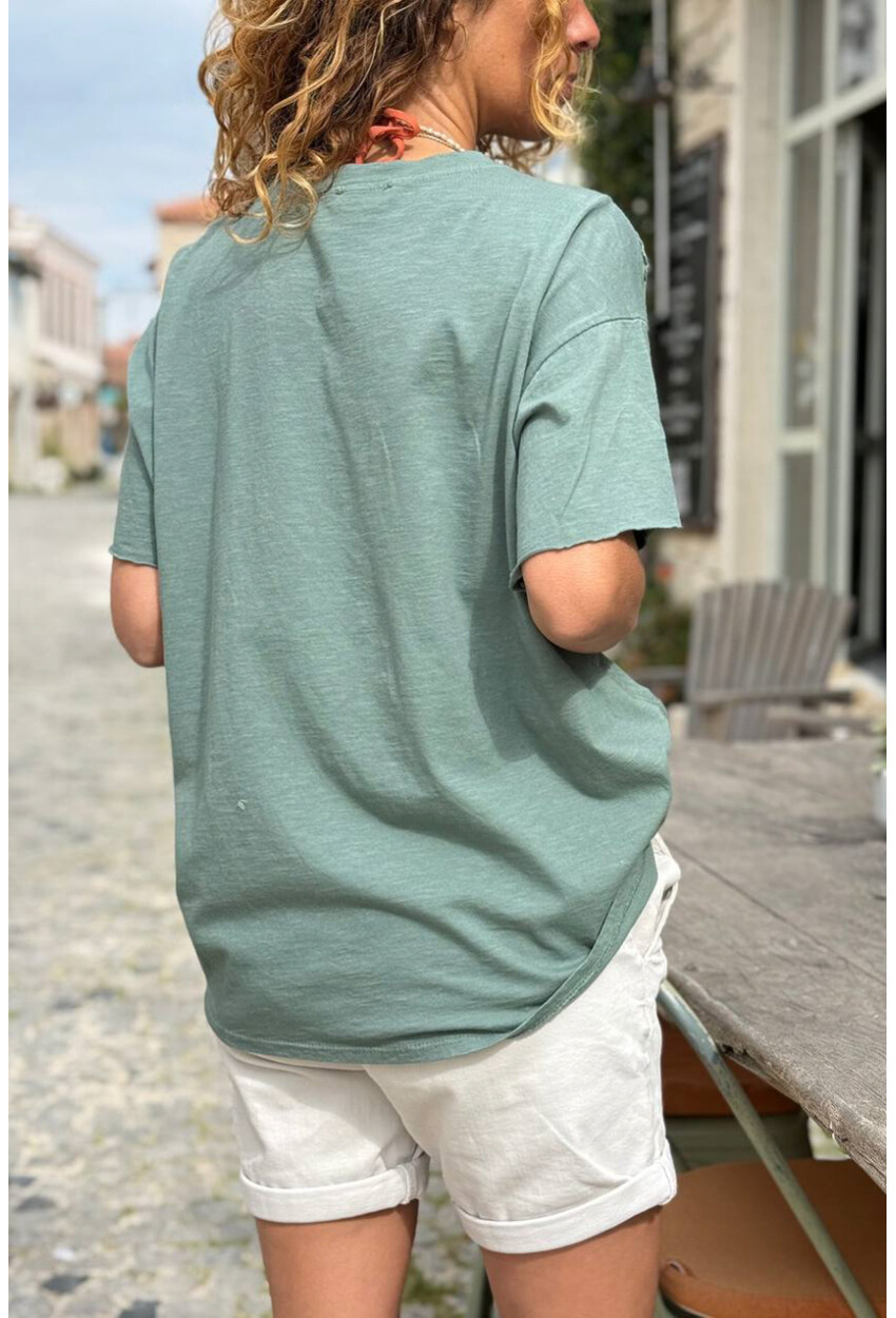 İtalyan Haki Bisiklet Yaka Yıkamalı Örme Garnili Keten Karışımlı Salaş Dokuma Bluz 65 50