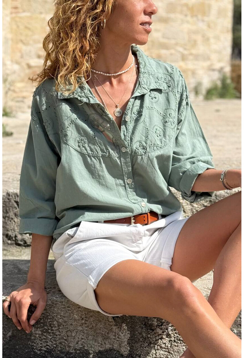 İtalyan Haki Brodeli Pamuklu Salaş Dokuma Gömlek 70 60