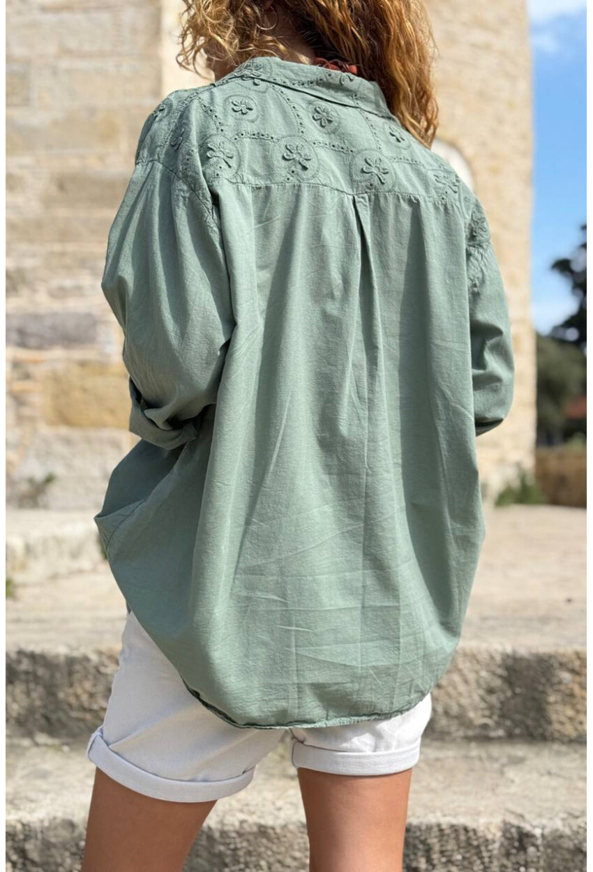 İtalyan Haki Brodeli Pamuklu Salaş Dokuma Gömlek 70 60